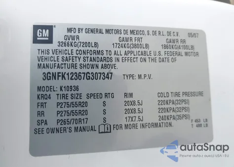 2007 Chevrolet Avalanche 1500 Ltz из США, поврежденный, VIN 3GNFK12367G307347